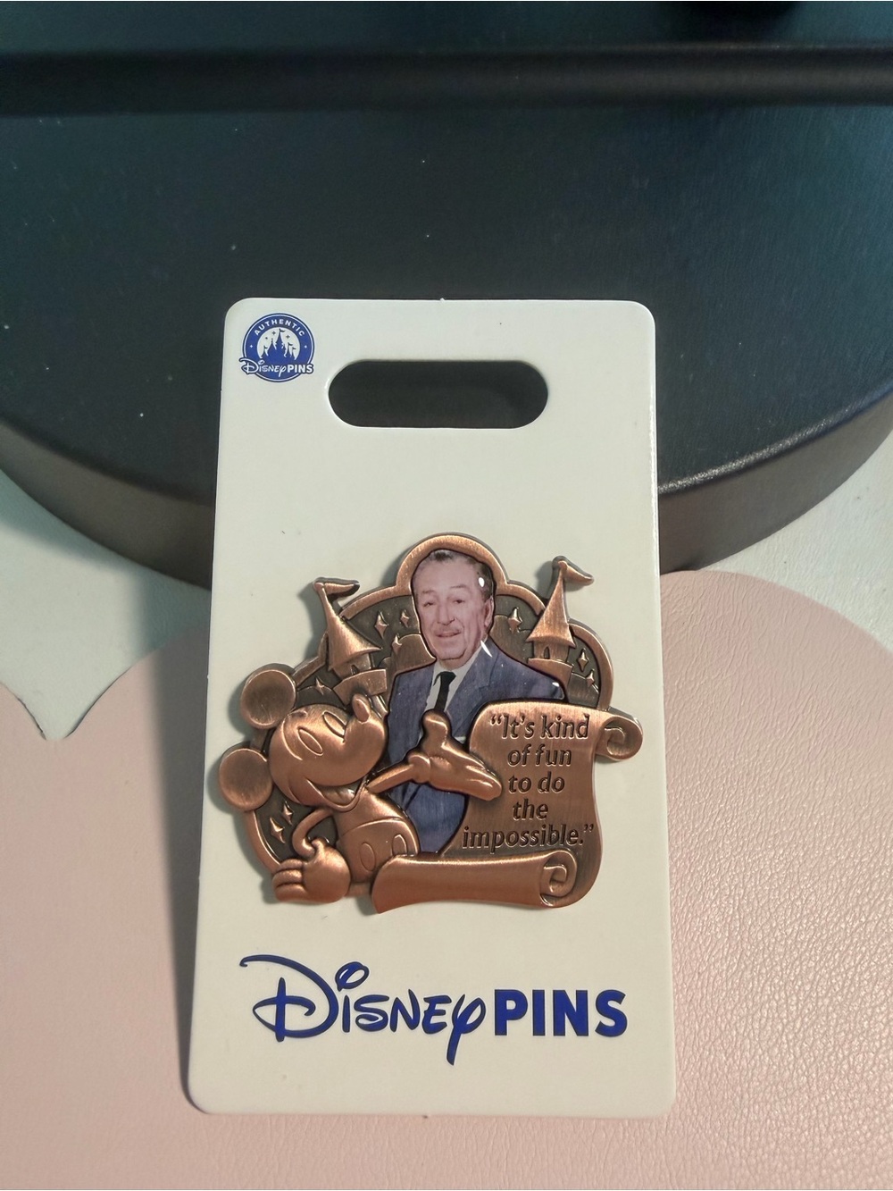 Disney Bronze-Tone Walt Disney & Mickey Pin with Walt Disney Quote